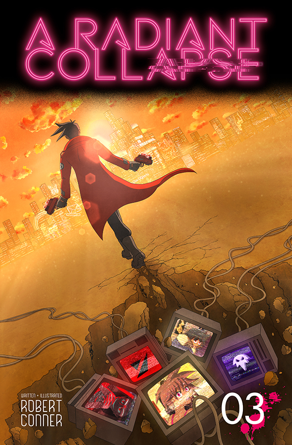 a radiant collapse issue 3 cover: Mr. B walks towards a cyberpunk city while distorted tv screens fall into a crevace in his wake
