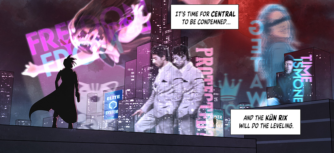 Mr. B stands on a rooftop overlooking a cyberpunk skyline