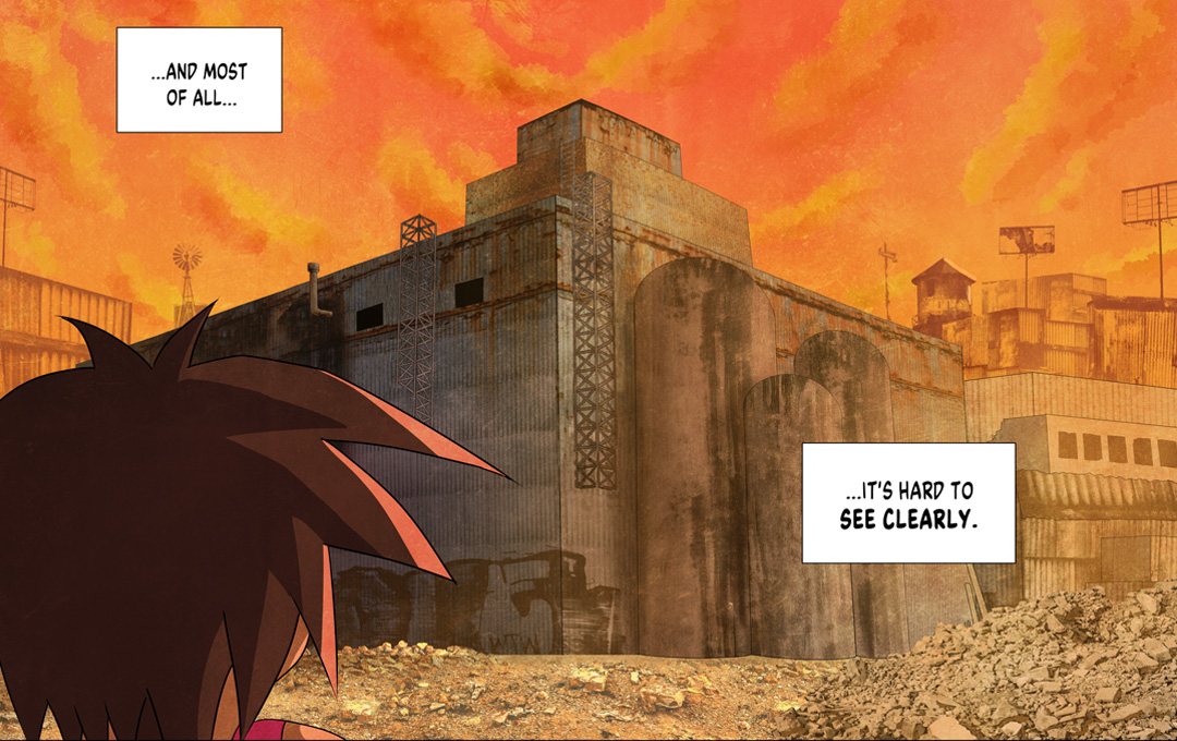 very detailed and highly textured panel featuring Old Town slums